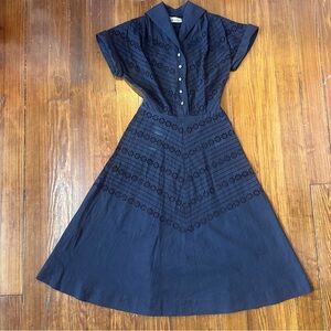 50s/60s Black Cotton Eyelet Dress w/ Rhinestone Buttons Vintage Jeanne Durrell